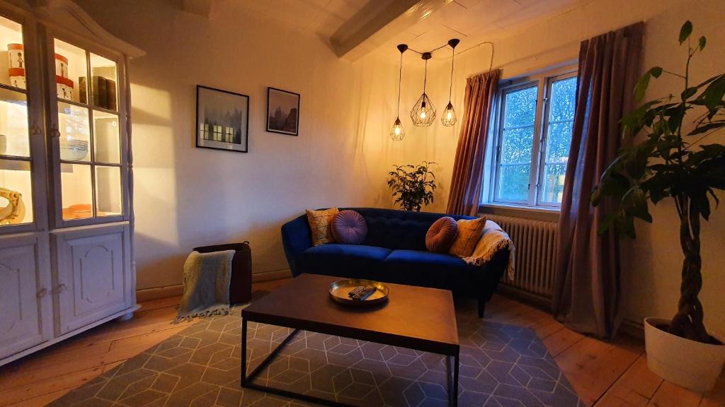 salon z niebieską kanapą i stołem w obiekcie Alter Priesterhof - Idyllische Ferienhausvermietung w mieście Nykøbing Falster