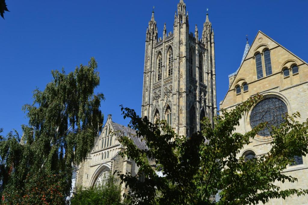eine Kirche mit einem Turm und einem Baum davor in der Unterkunft Canterbury Cathedral Lodge in Canterbury