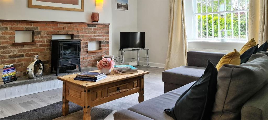 a living room with a couch and a fireplace at Large 1 bed Apt, in the best location in Dublin! in Dublin