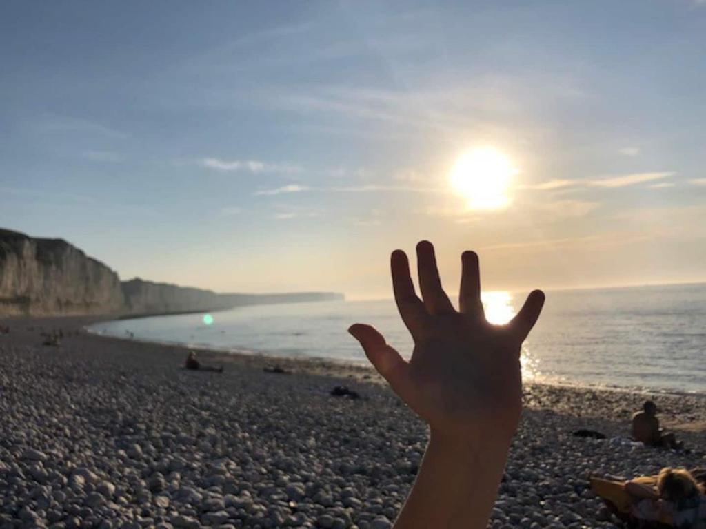 a hand reaching up to the sun on a beach at Le Caux&#39;gîte in Bretteville-du-Grand Caux