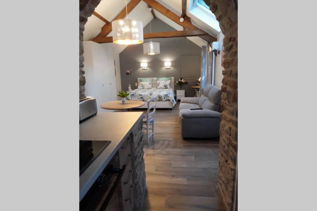 cocina y sala de estar con sofá y mesa en NOUVEAU gîte situé au coeur du cotentin, en Saint-Pierre-dʼArthéglise