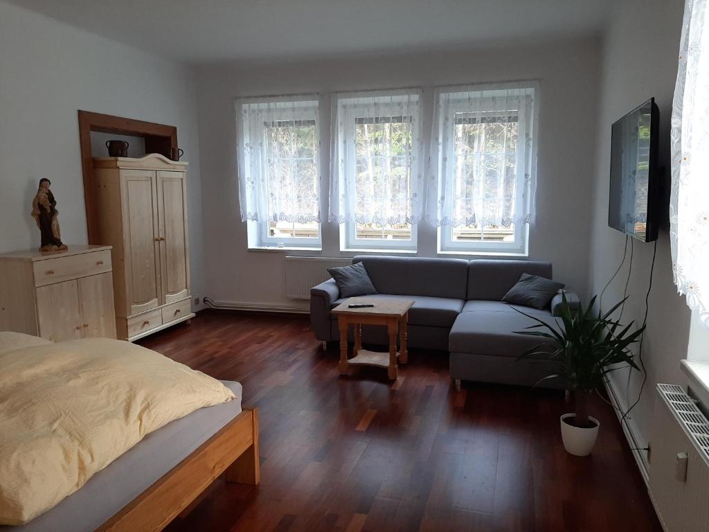 a living room with a blue couch and windows at Apartmán vila Vítkovice in Vítkovice