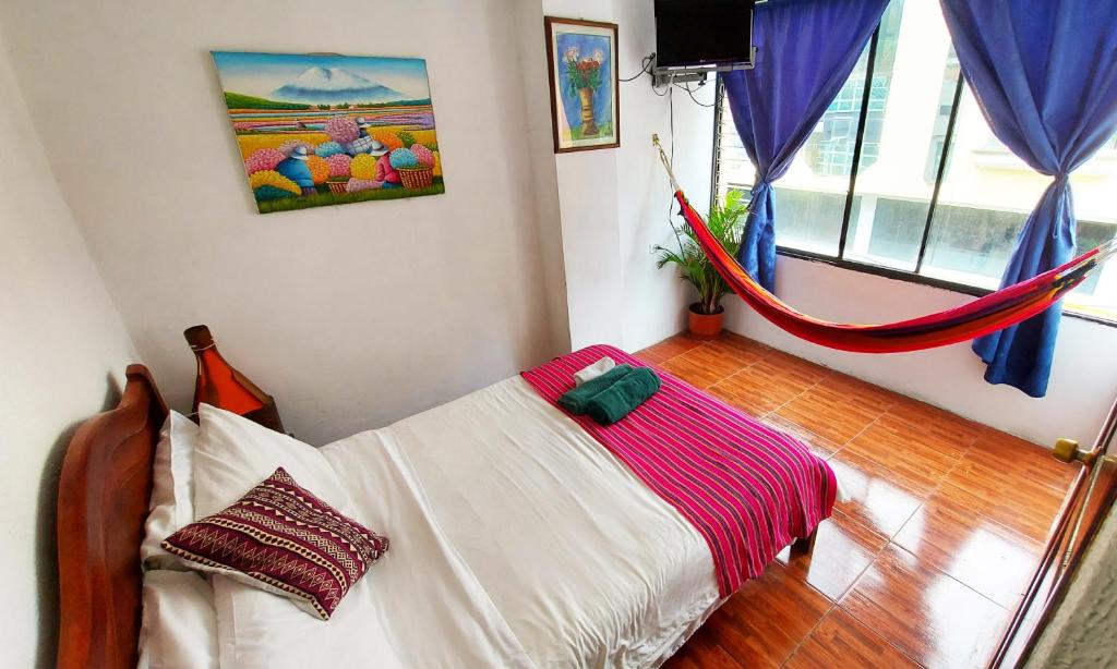 a bedroom with a bed with a hammock in it at Erupcion Art Hotel & Hostel in Baños
