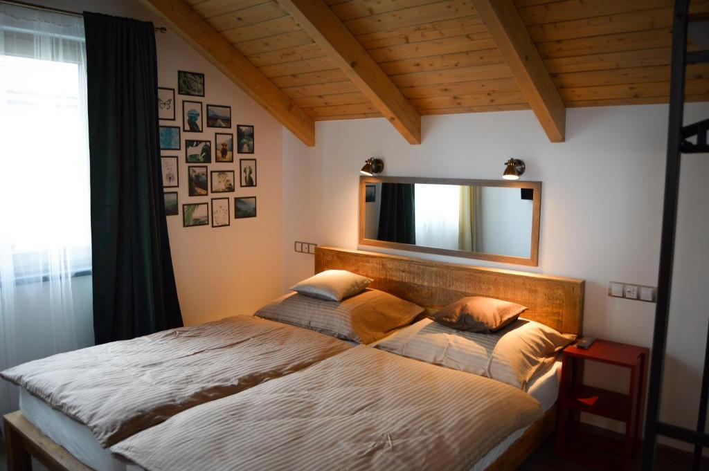 sypialnia z łóżkiem z lustrem na ścianie w obiekcie Apartmány Okrouhlá w mieście Nový Bor