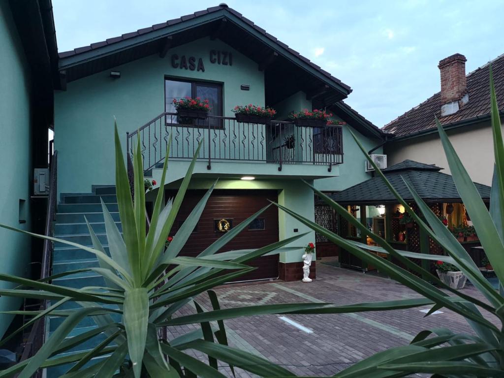 a house with stairs and a balcony with plants at Casa Cizi in Călimăneşti