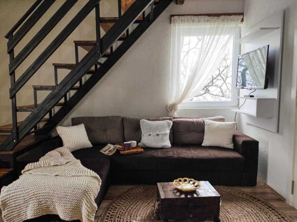 a living room with a brown couch and a window at The Village House Zlatar in Nova Varoš