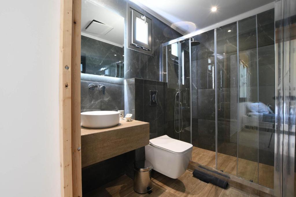 a bathroom with a toilet and a sink and a shower at Orion Eco Suites in Karteros
