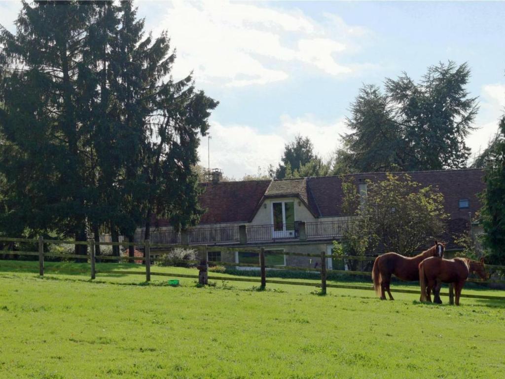 dos caballos parados en un campo frente a una casa en Gîte Radon, 2 pièces, 3 personnes - FR-1-497-111 en Radon