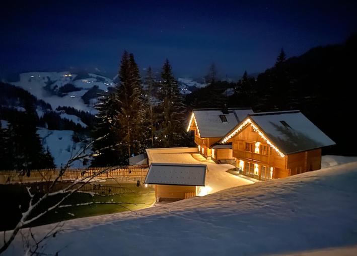 una casa in legno nella neve di notte di Bergseegut Chalet und Apartment a Wagrain