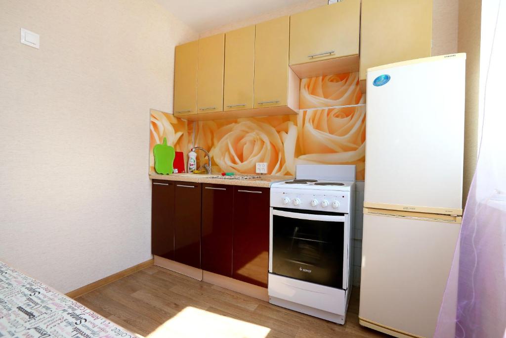 a small kitchen with a stove and a refrigerator at Уютная квартира на Сибирской 44 in Novosibirsk