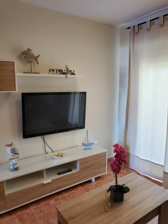 Televízia a/alebo spoločenská miestnosť v ubytovaní BAJO en PRIMERA LÍNEA de VERA-PLAYA con piscina privada!