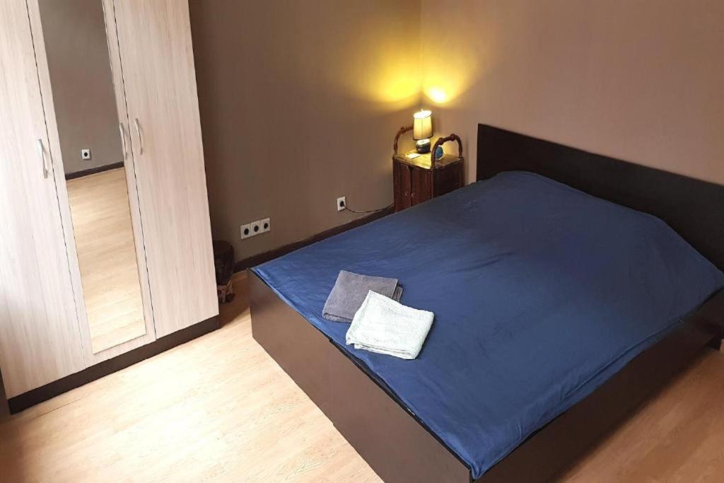 a bedroom with a blue bed with a pillow on it at Vintage private rooms in the heart of the downtown in Sofia