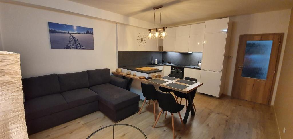 ein Wohnzimmer mit einem Sofa und einem Tisch sowie eine Küche in der Unterkunft Apartmán Nerudovka D 104, Finská sauna, garážové stání in Loučná pod Klínovcem