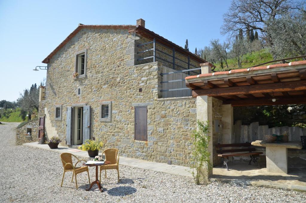 una casa de piedra con una mesa y sillas delante de ella en Fonte Comelia, en Cortona