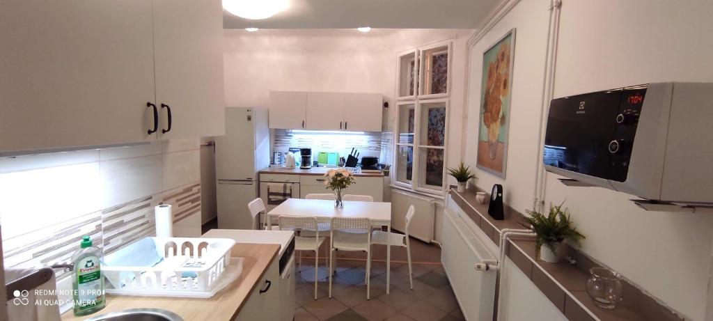 uma cozinha com um lavatório e uma mesa em FSQH UNDER Apartman em Szeged