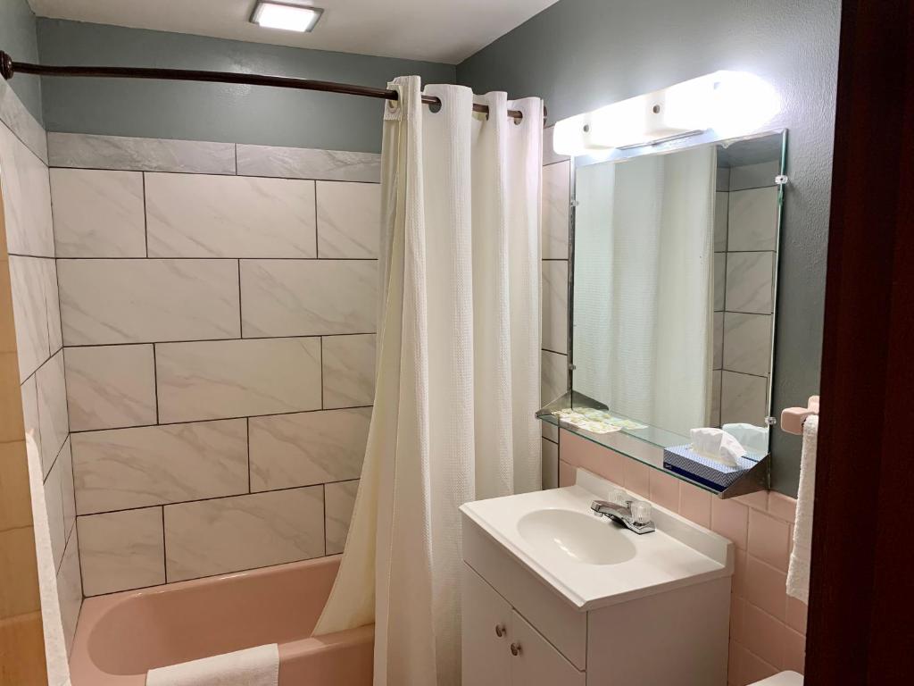 baño con lavabo y cortina de ducha en The Crossroads Motel, en Elkhorn