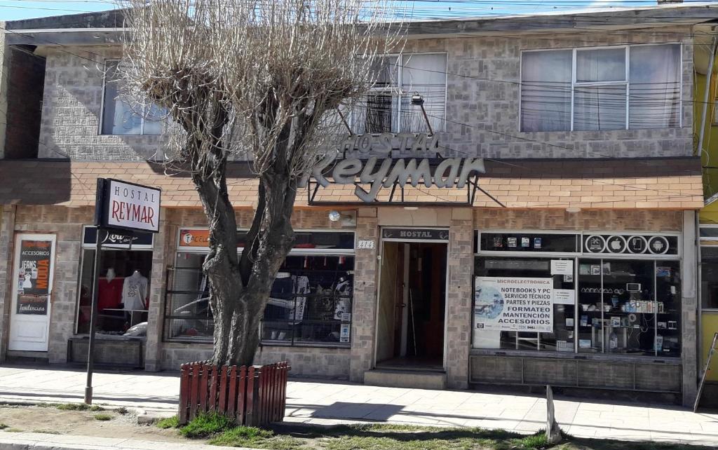 un negozio in una strada con un albero davanti di Hostal Reymar a Puerto Natales