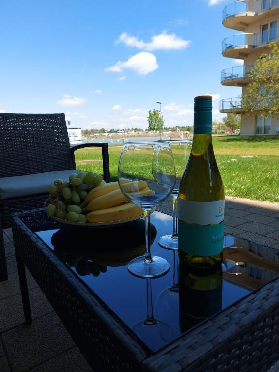 butelka wina i dwie szklanki na stole w obiekcie Bike & Spa Velence Apartman w mieście Velence