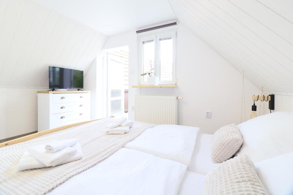 a white bedroom with two beds and a tv at Pension Adel in Český Krumlov