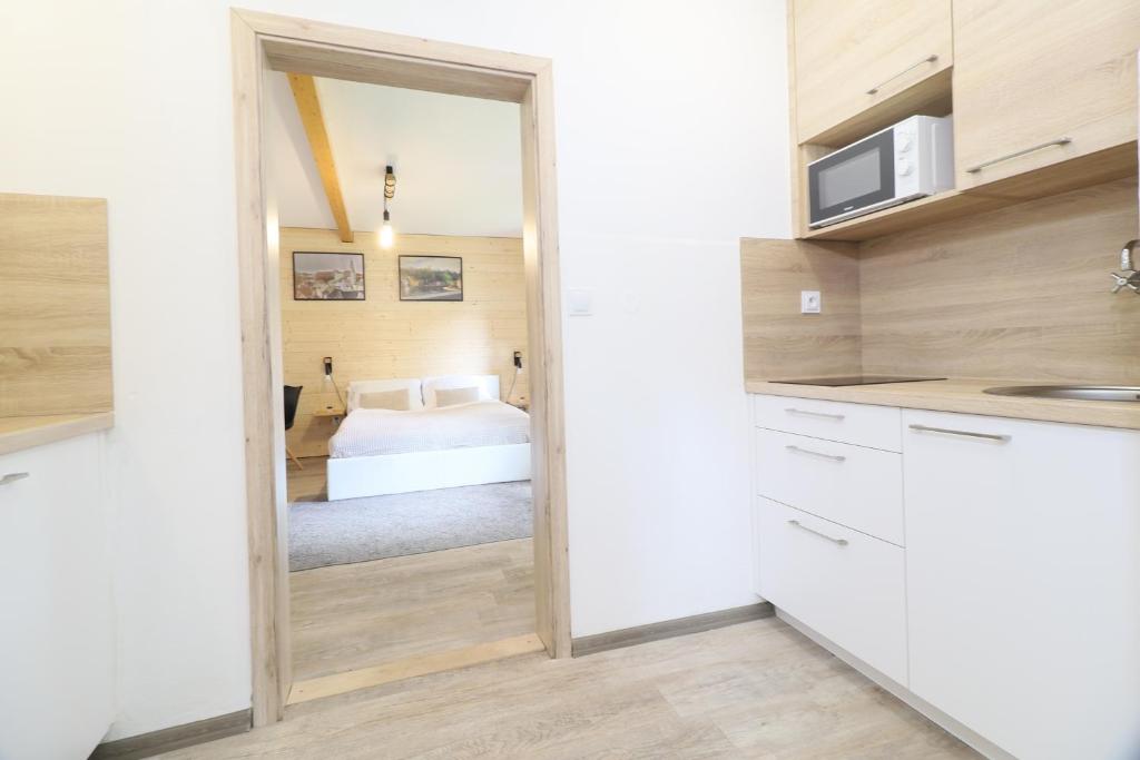 a kitchen and a bedroom with a bed in a room at Pension Adel in Český Krumlov