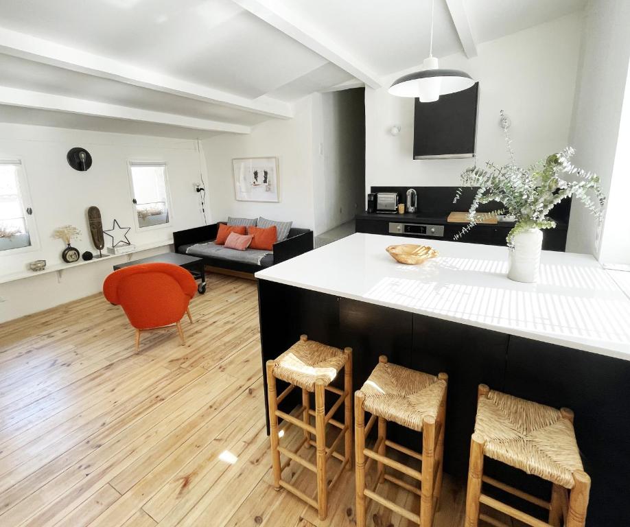 une cuisine et un salon avec un comptoir et des chaises dans l'établissement La Magnanerie, à LʼIsle-sur-la-Sorgue