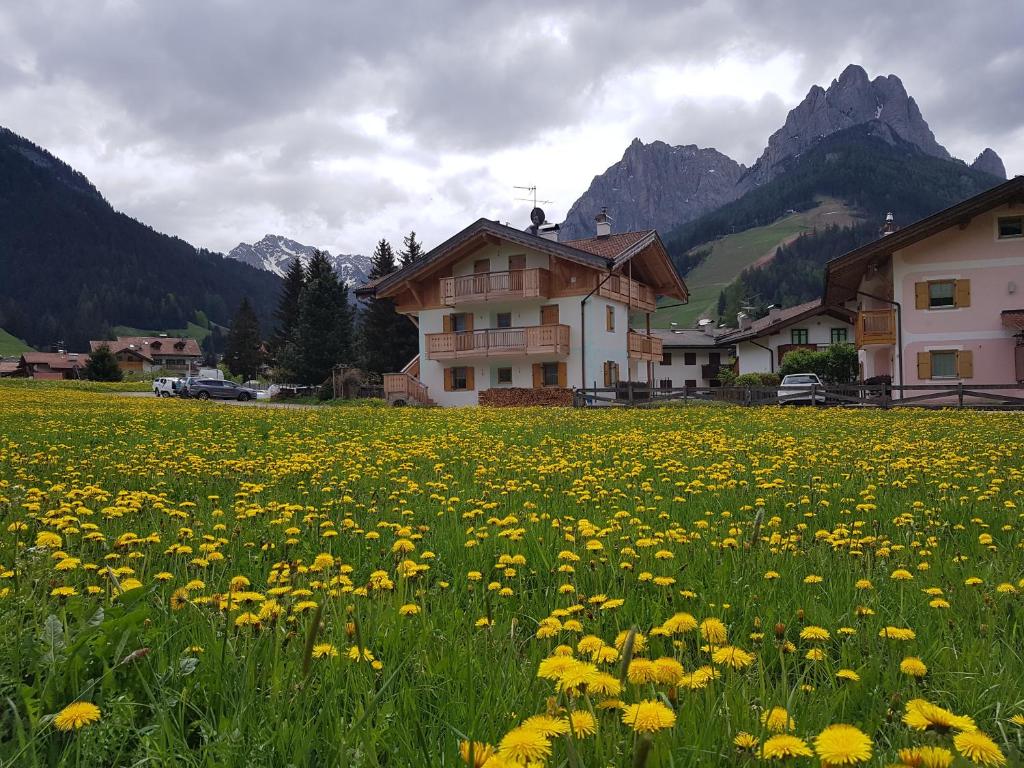 a field of yellow flowers in front of a house at Ciasa Rasom in Pozza di Fassa