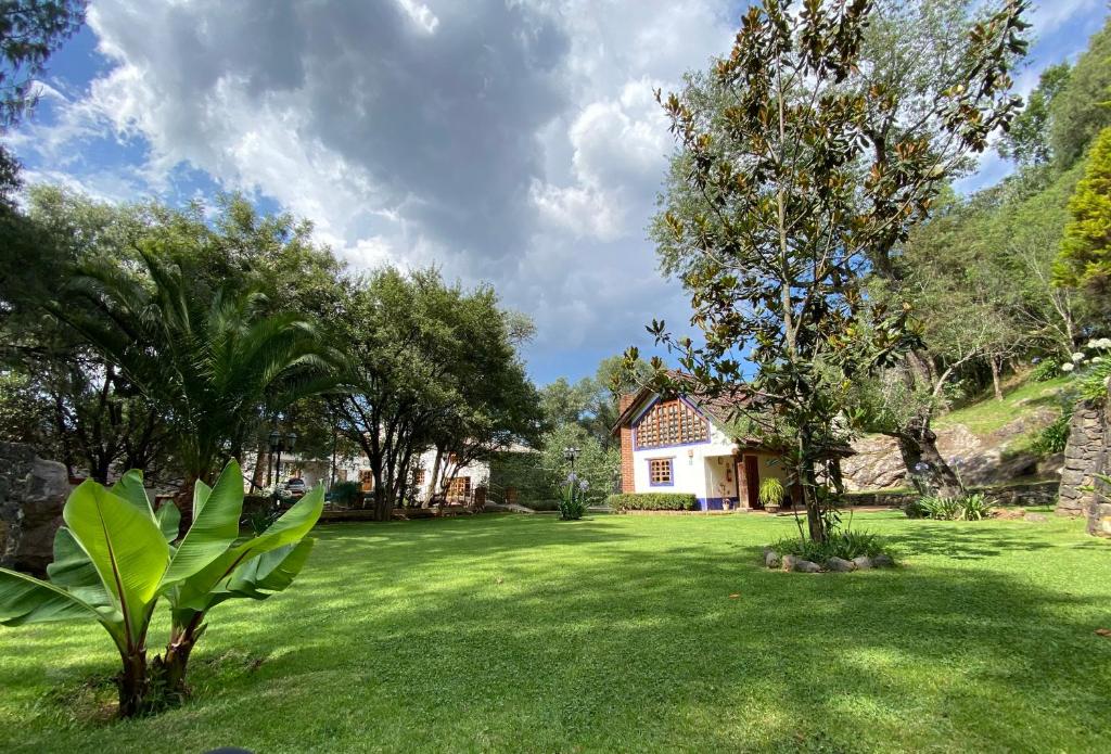 um grande quintal com casa e árvores em Cabaña del Rio em Huasca de Ocampo