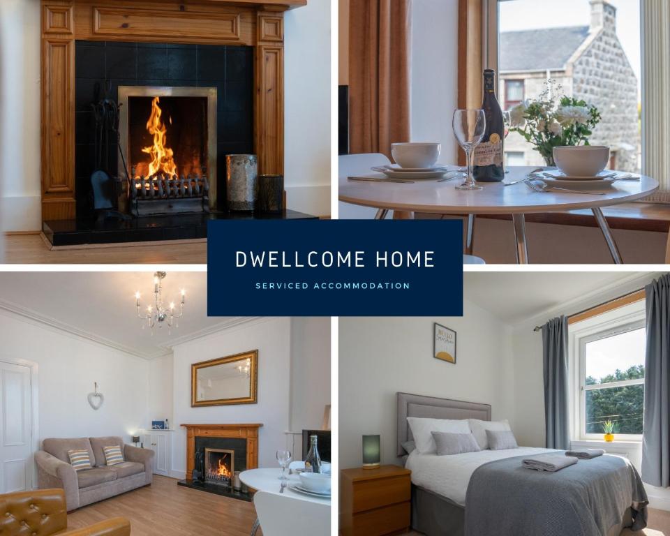 eine Collage mit drei Bildern von einem Schlafzimmer und einem Kamin in der Unterkunft Dwellcome Home Ltd 1 Bed Aberdeen Apartment - see our site for assurance in Aberdeen