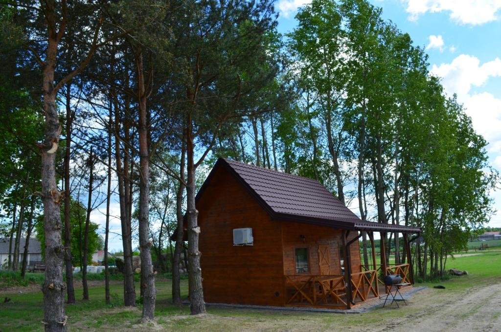 a small wooden cabin in the middle of trees at Pod Dębem in Winnica