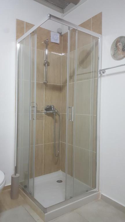 prysznic ze szklaną obudową w łazience w obiekcie Cosmema house 2 Studio with great mountain view w mieście Stroumbi