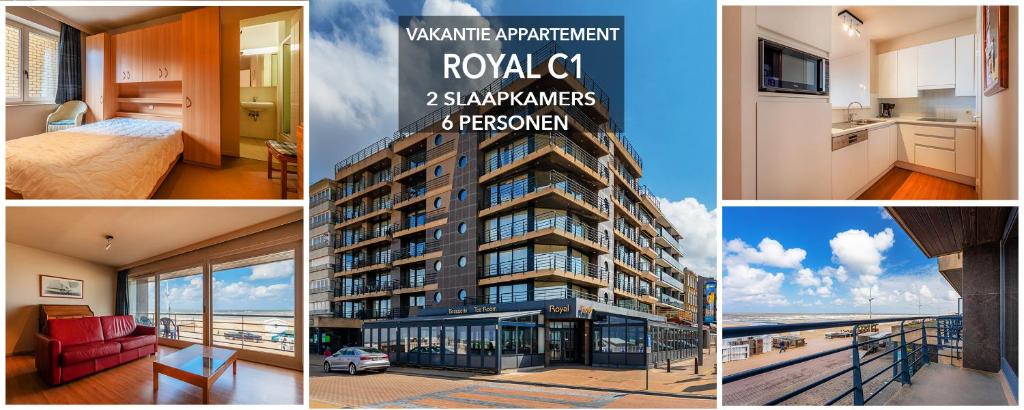 a collage of four pictures of a hotel at Royal C1 in Koksijde