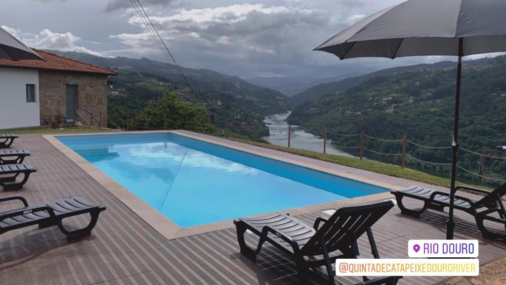 a swimming pool with chairs and an umbrella at Quinta de Catapeixe Douro River in Magrelos