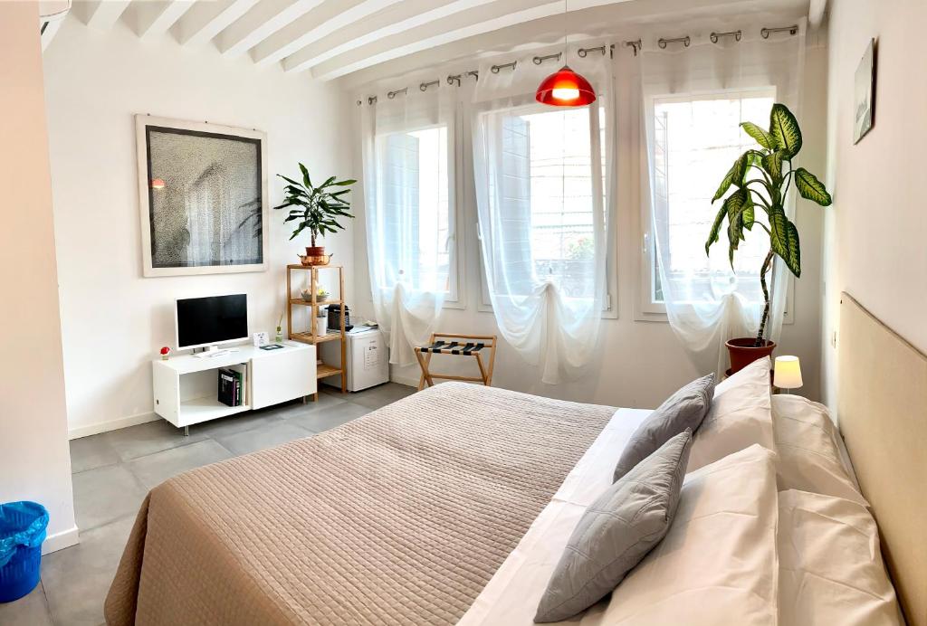 a bedroom with a bed and a tv and windows at SANTA CATERINA in Venice