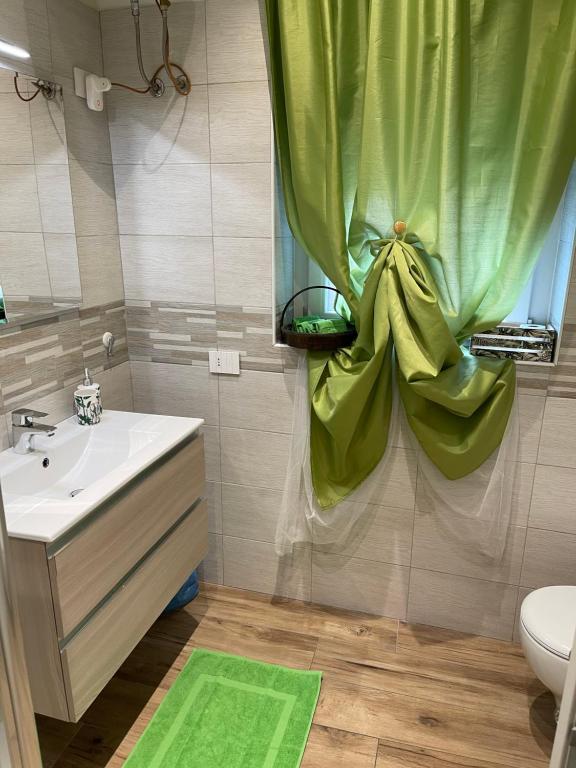 un bagno con lavandino e tenda da doccia di Green Appartamenti i Portici nel centro storico a Melzo