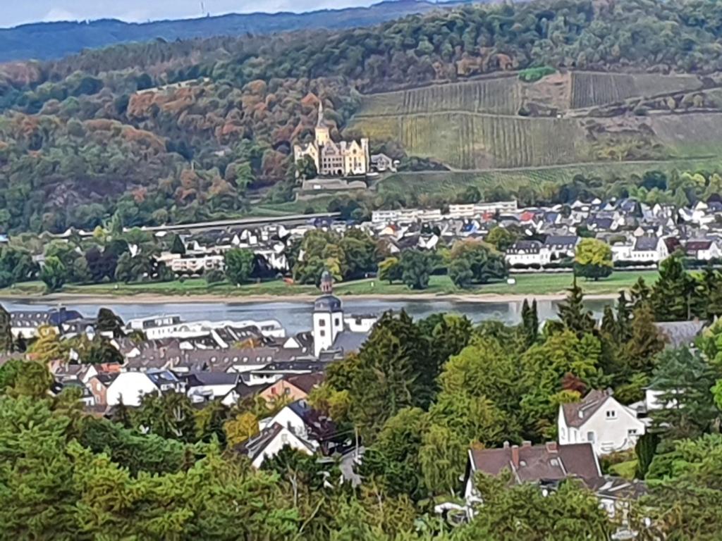 een stad op een heuvel met een rivier en huizen bij Ferienwohnung Schlossblick Bad Breisig in Bad Breisig