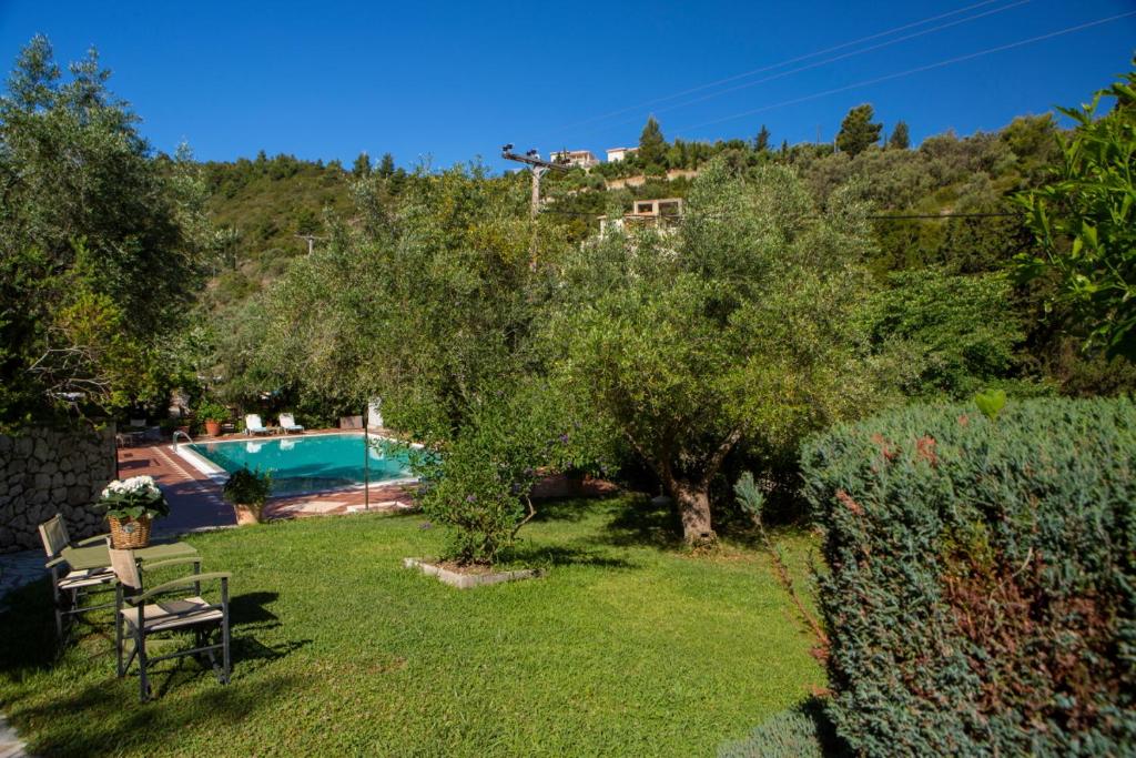 a garden with a tree and a swimming pool at Evridiki's Villas in Agios Nikitas