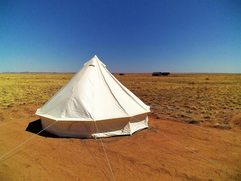 ein weißes Zelt mitten in der Wüste in der Unterkunft Starlight Tent 1 in Holbrook