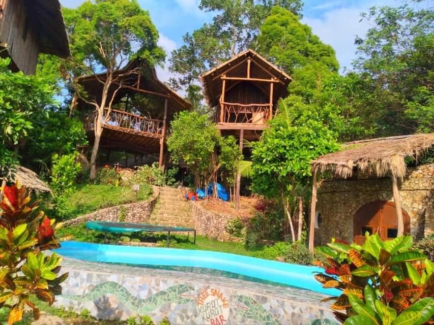 un complejo con piscina y casa en Sanctuaria Treehouses Busuanga, en Busuanga