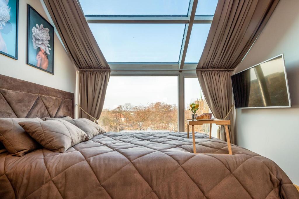 1 dormitorio con 1 cama y ventana grande en By Baltic Apartments, en Palanga