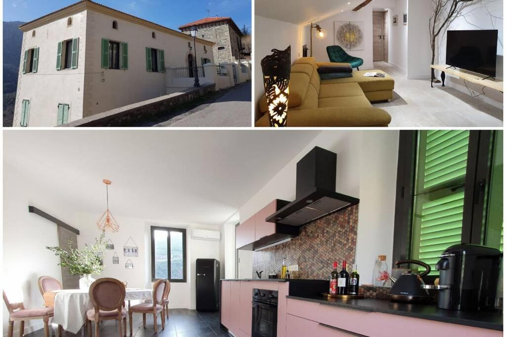 - deux photos d'une cuisine et d'un salon dans l'établissement Appartement de charme dans maison fin XIXème, à Santo-Pietro-di-Tenda