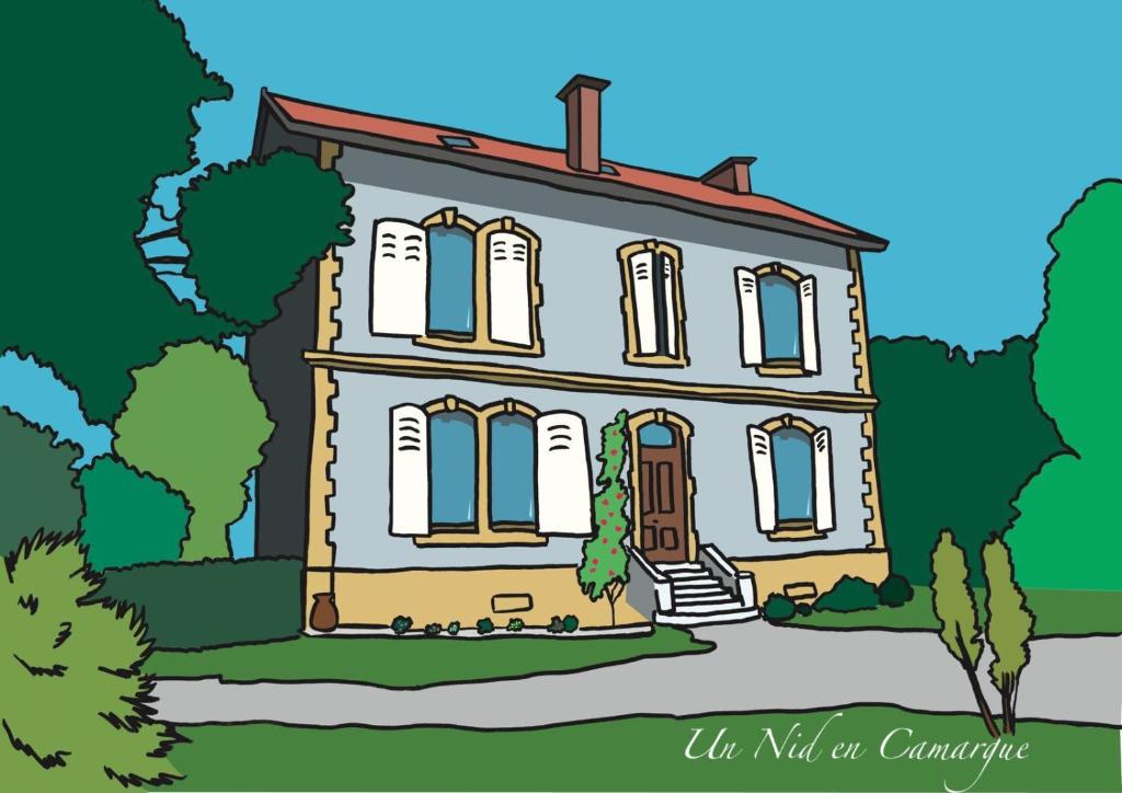 dessin d'une maison dans l'établissement Un Nid en Camargue, à Salin-de-Giraud