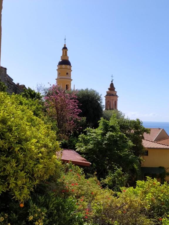 - une vue sur deux tours depuis un jardin arboré dans l'établissement Maison Trucchi, à Menton