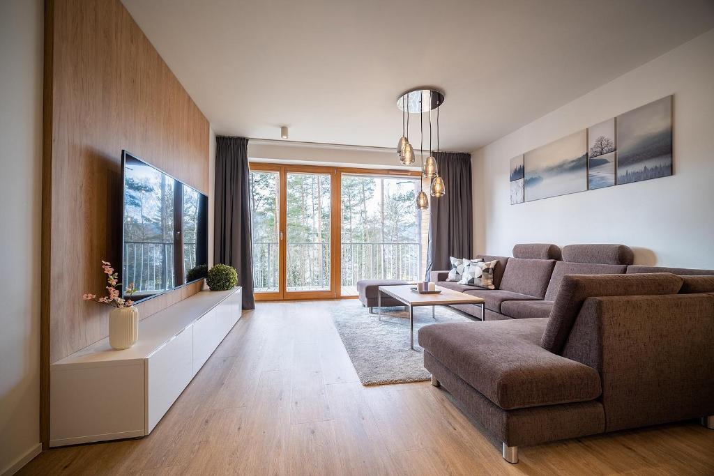 salon z kanapą i telewizorem w obiekcie Apartmán Lipnoport w mieście Lipno nad Vltavou