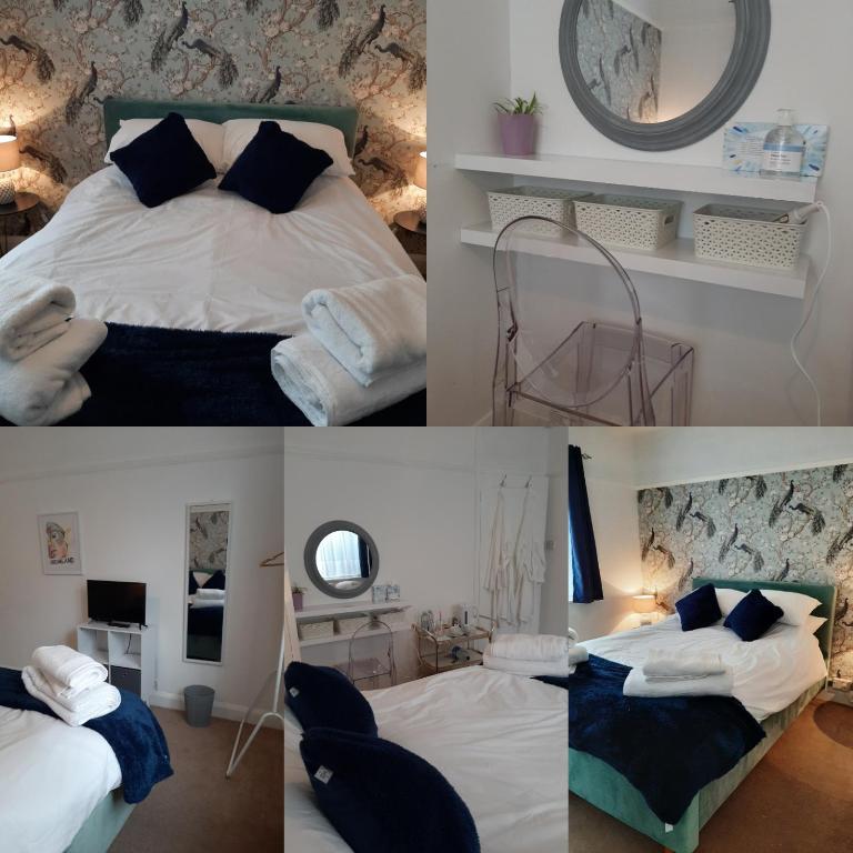a collage of pictures of a bedroom with a bed and a mirror at Home from Home Stay Margate in Margate