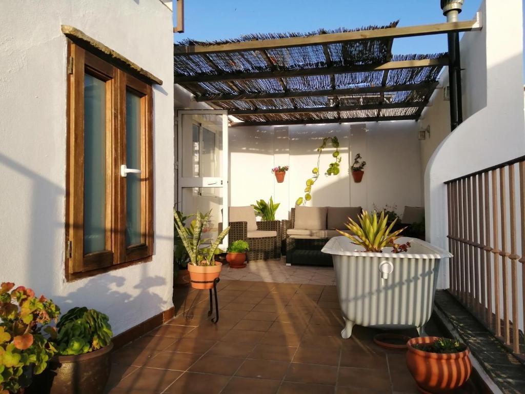 een patio met potplanten en een pergola bij La Guarida de Vejer Casa Rural in Vejer de la Frontera