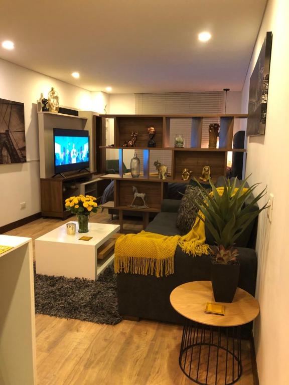 a living room with a couch and a tv at APARTAESTUDIO AMOBLADO,FURNISHED STUDIO APARTMENT WIFI gratuito in Bogotá