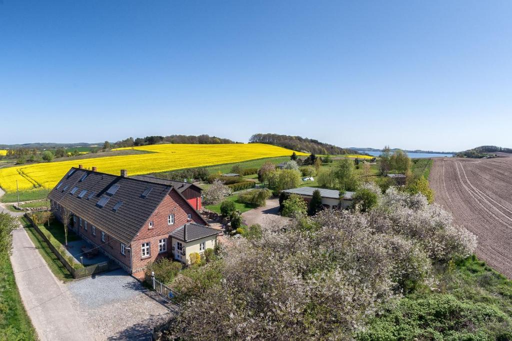 an aerial view of a farm with a house and a field at Vogelhaus Gobbin in Lancken-Granitz