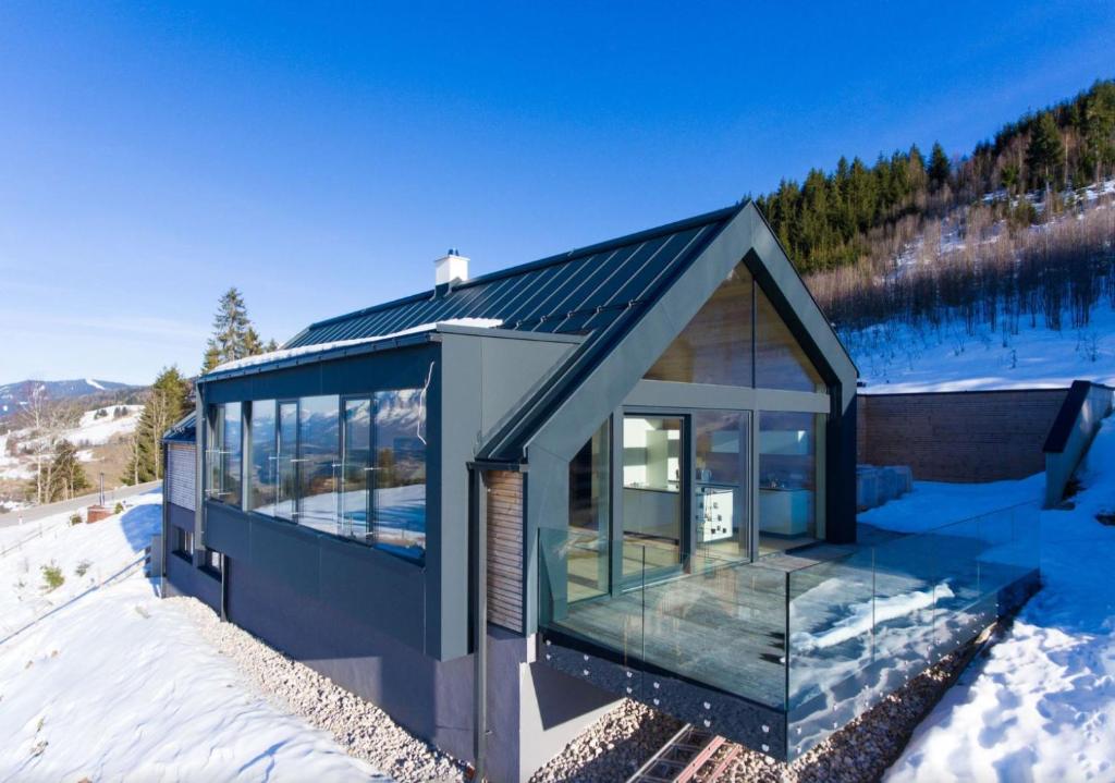 a house on the side of a mountain in the snow at Exclusive Alpenlodge ski in ski out Galsterberg in Pruggern