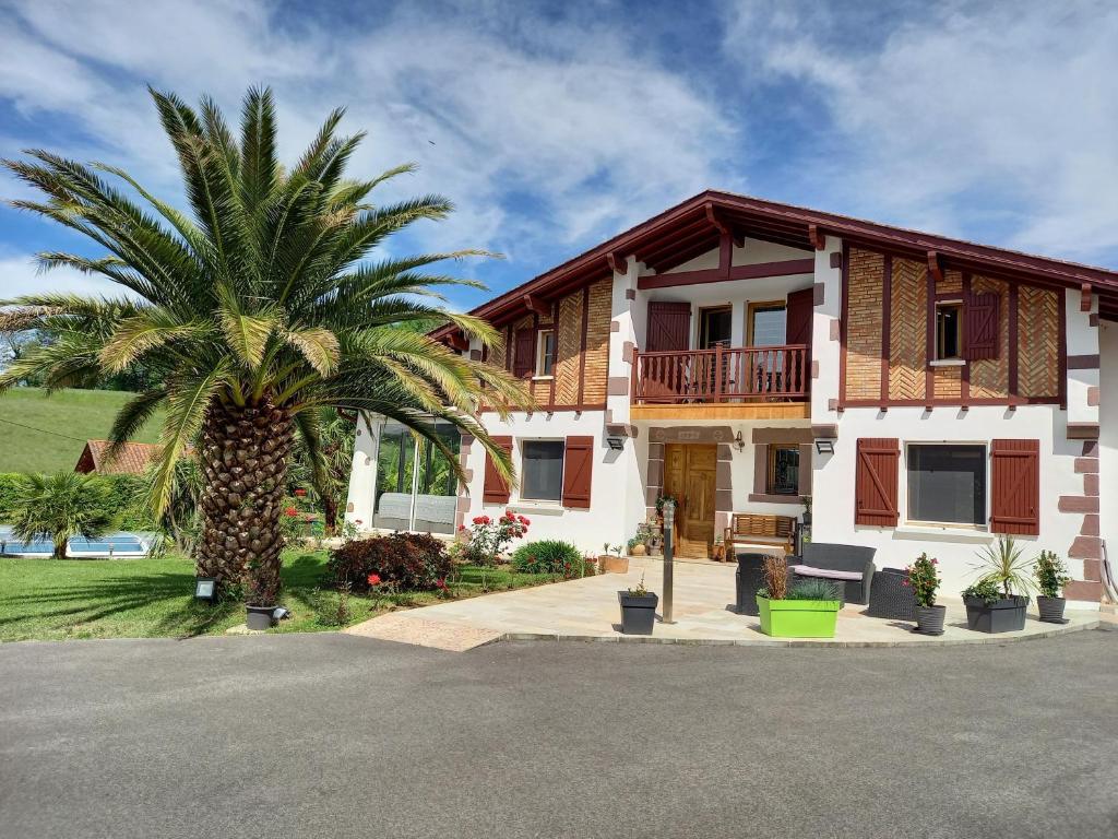 a house with a palm tree in front of it at Villa Goxoki avec piscine Saint Jean Pied de Port in Saint-Jean-Pied-de-Port