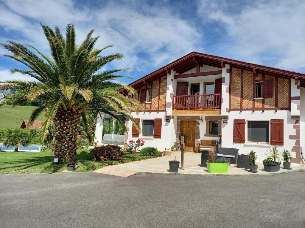サン・ジャン・ピエ・ド・ポルにあるVilla Goxoki avec piscine Saint Jean Pied de Portの前にヤシの木がある家